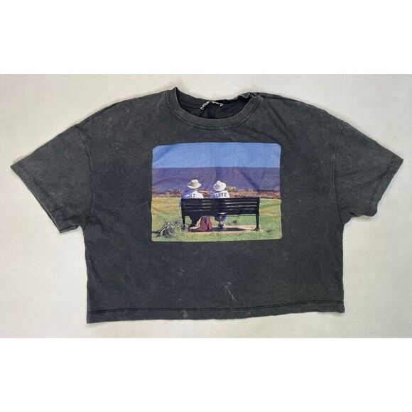 ZARA Crop My Love Graphic T-shirt Women Small Black Acid Wash - Picture 1 of 5